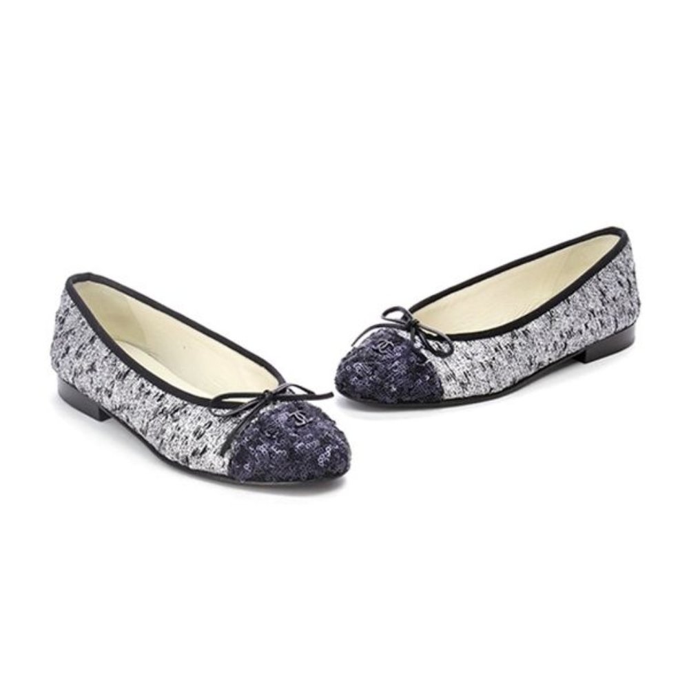 Chanel Silver Tweed & Navy Sequin Cap-Toe Ballerina Flats